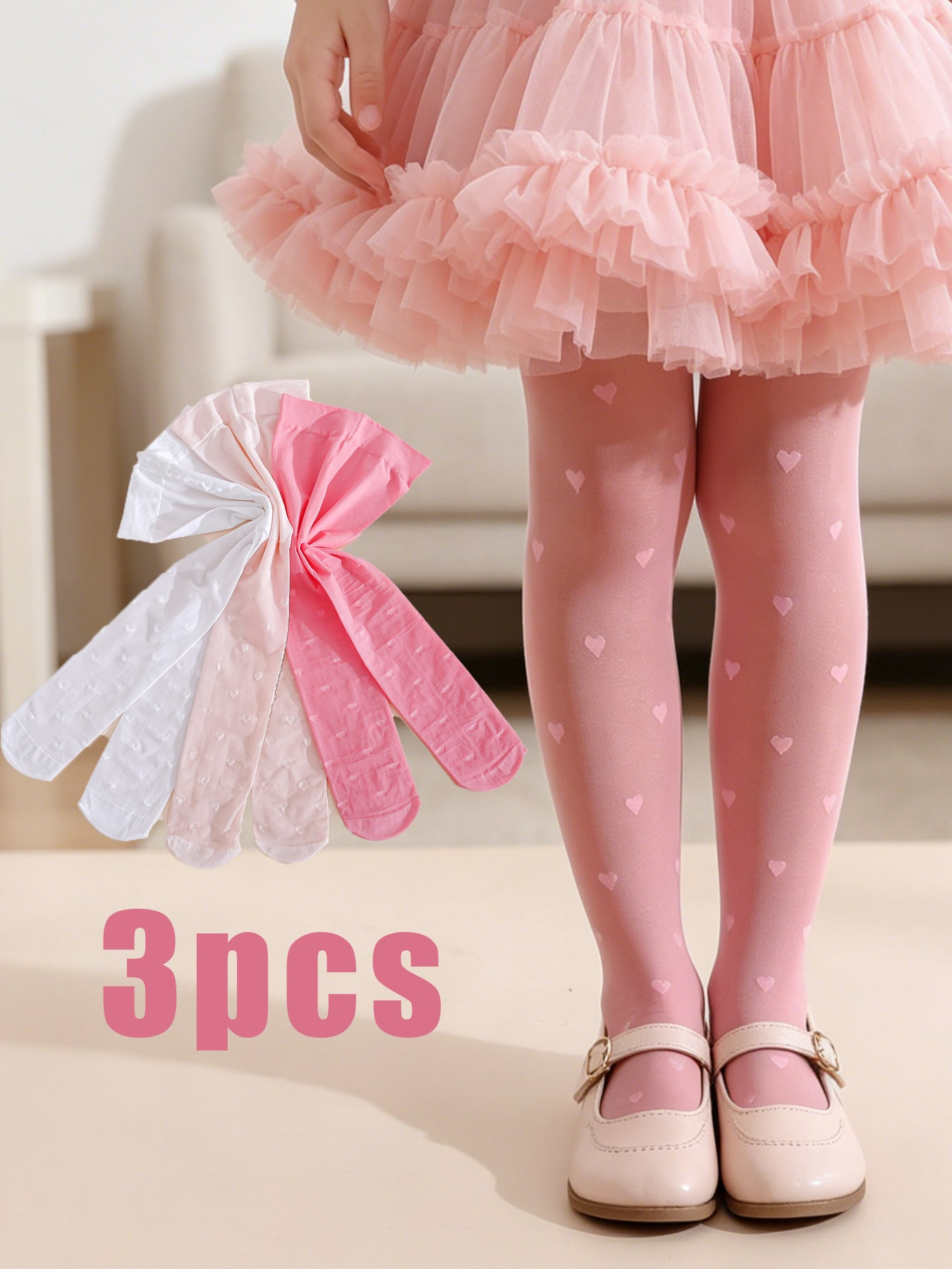 3Pcs Girls Heart Print Tights  - Tights Pantyhose Sheer 评论和价格